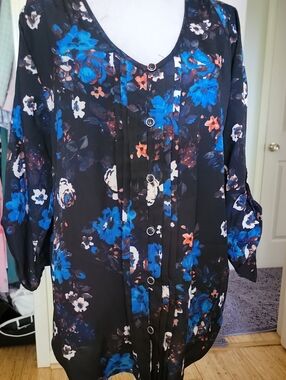 Women’s Black Floral Button Top - Blue & Cream Accents